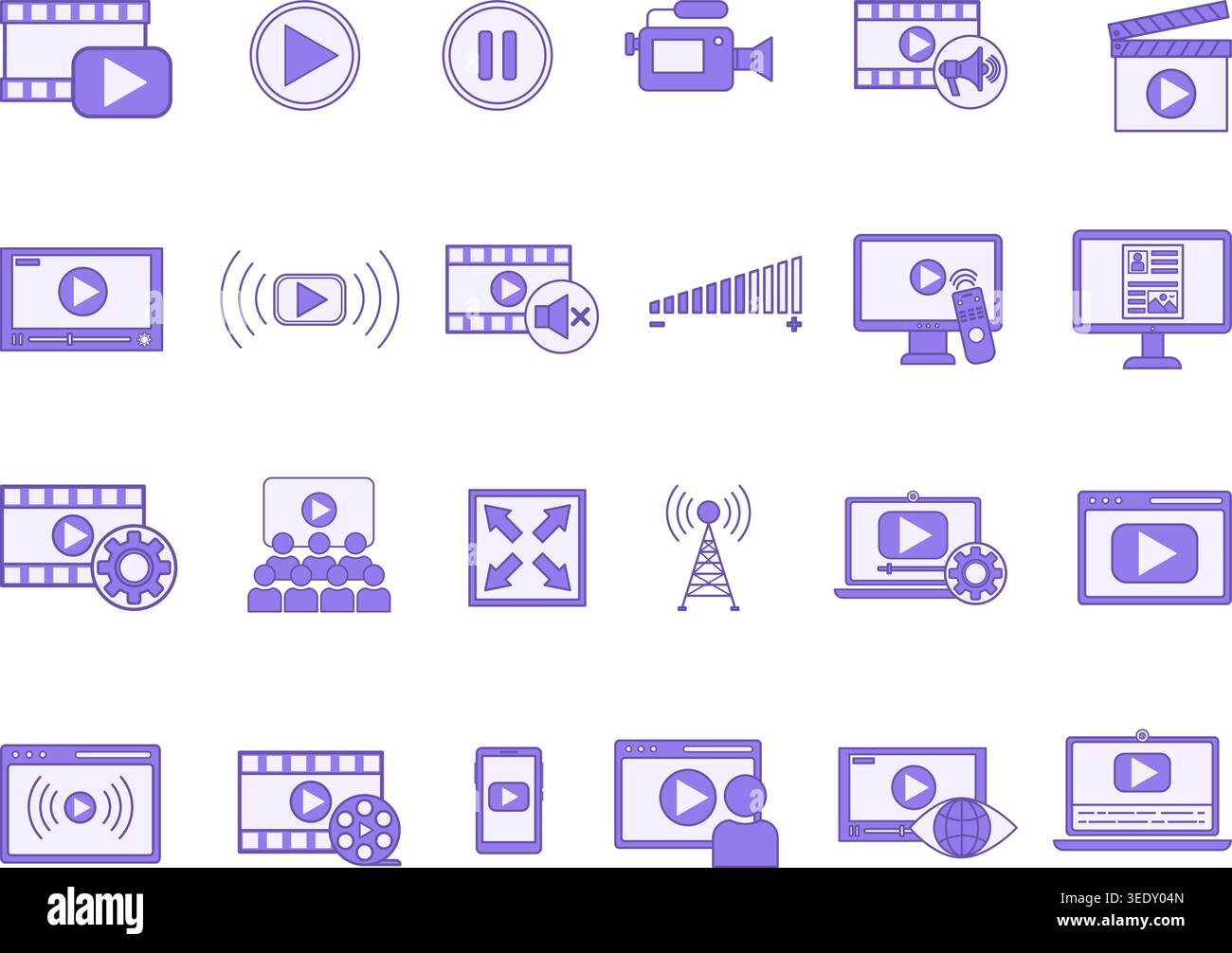 Farbige Videosymbolgruppe. Vektorsymbole Film, Kamera, Wiedergabe, Pause, Live, Video-Player, Streaming, Broadcast, Video bearbeiten, Untertitel und andere Stock Vektor