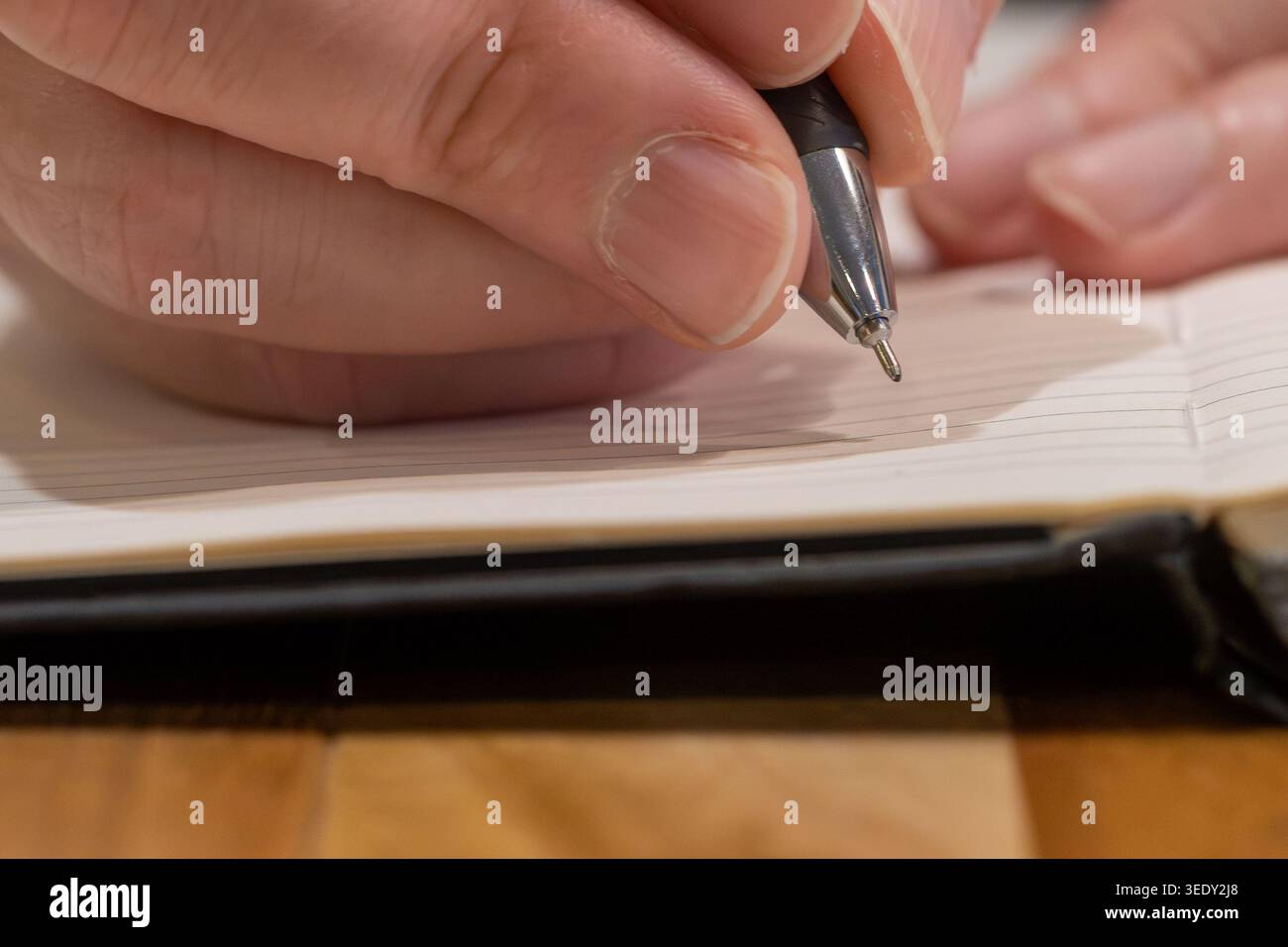 Makroaufnahme der Stiftspitze über der leeren Notizbuchseite Stockfoto