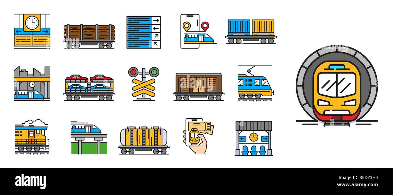 Schienen- und Eisenbahnlinien-Symbole von Zugpiktogrammen und U-Bahn-Einschienenbahnen, Vektorsymbole. Eisenbahnsymbole von Elektrozügen, Frachtcontainern, Kesselwagen oder Fahrkarten und U-Bahn-Tunnel Stock Vektor