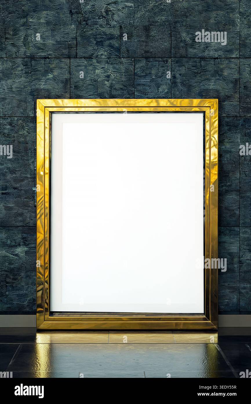 Leerer leerer moderner Rahmen mit goldener Kante im Hintergrund der Innenwand des Raumes Stockfoto