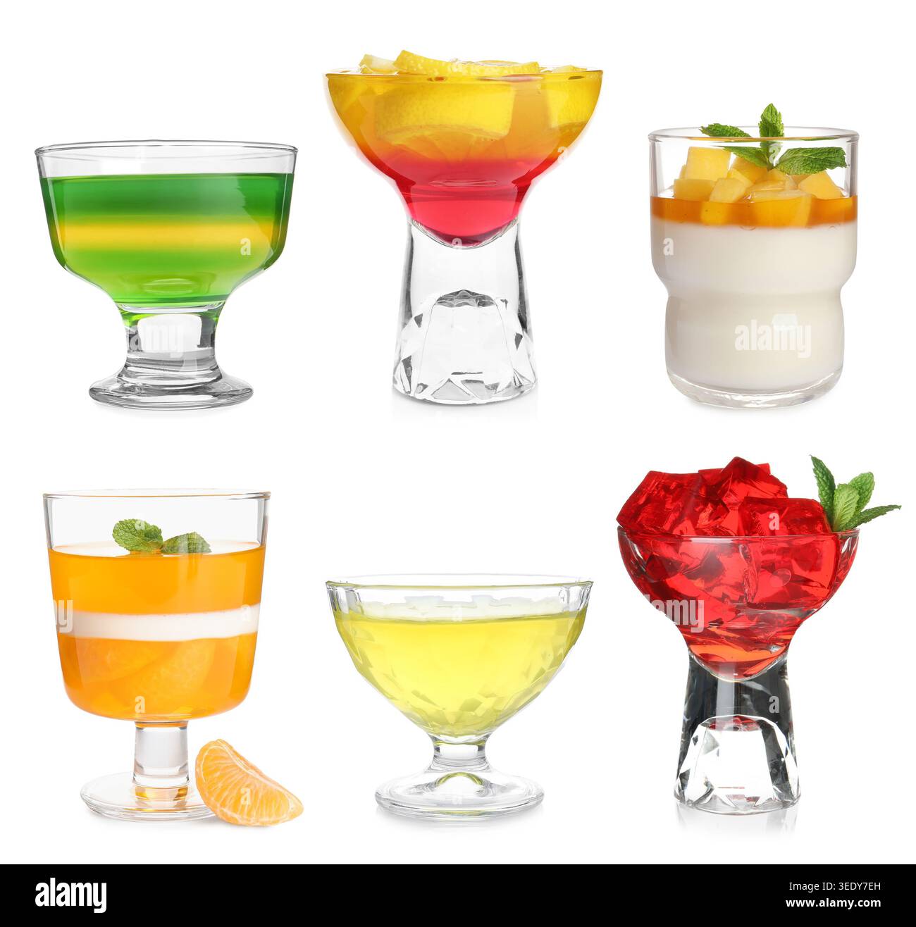 Leckere Gelee-Desserts isoliert auf weiß, Set Stockfoto