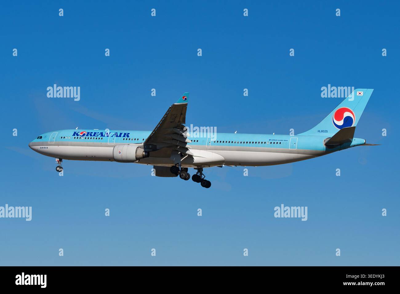 Passagierflugzeuge des Korean Air Airbus A330-300 (HL8025) im Endanflug mit eingesetztem Fahrwerk. Stockfoto