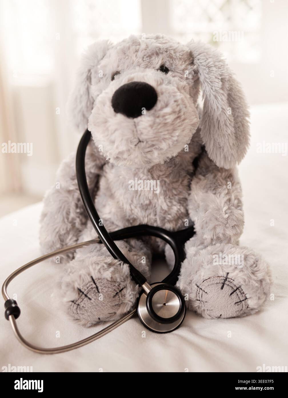 Kinder, Spielzeug oder Teddybär im Krankenhaus mit Stethoskop, Unterstützung oder Pflege bei angeborenen Herzerkrankungen. Plüschtier, medizinische Ausrüstung oder Werkzeuge Stockfoto