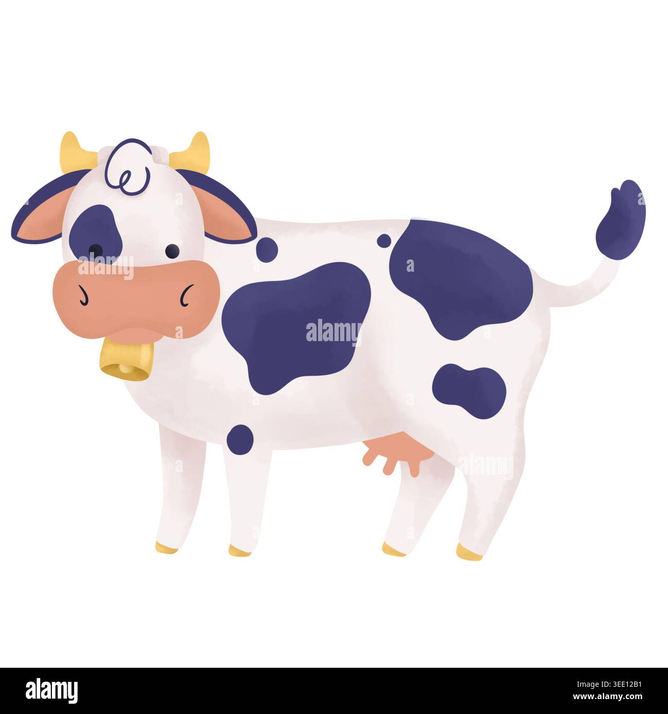 Niedliche Illustration von Bauernhoftieren für Kinder, die Euter und Glocke zeigen, symbolisiert Milch-, Milch- und Landwirtschaftskonzepte Stockfoto