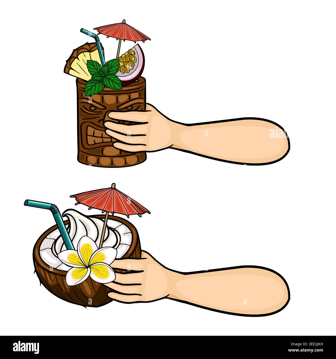 Set aus zwei tropischen Cocktail-Illustrationen, Tiki und Kokosnussgetränke von Händen gehalten, Vektor Stock Vektor