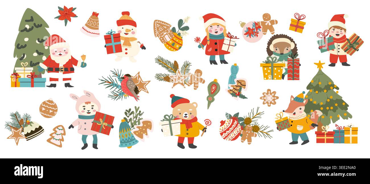 Niedliche Waldtiere in Winterkleidung in Retro-Zeichentrickfilm. Festliche Elemente für Aufkleber für Winterferien. Flache Vektor-Illustration mit chrismas-Baum, Stock Vektor