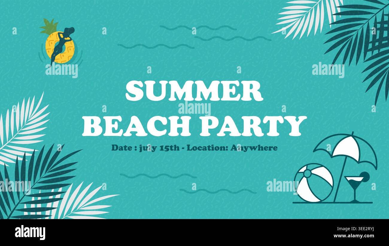 Poster für Sommerpartys mit tropischen Palmenblättern, Cocktailschirm und Hintergrunddesign für Veranstaltungen am Meer Stock Vektor