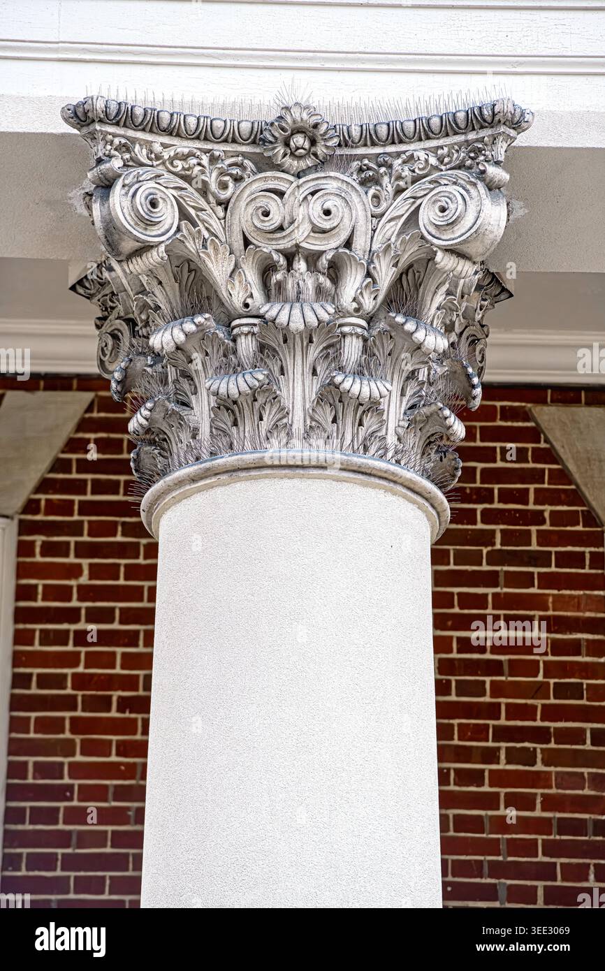 Nahaufnahme der prunkvollen korinthischen Säulenkapelle mit Steindetails an der historischen Flavelle House-Fassade. Stockfoto