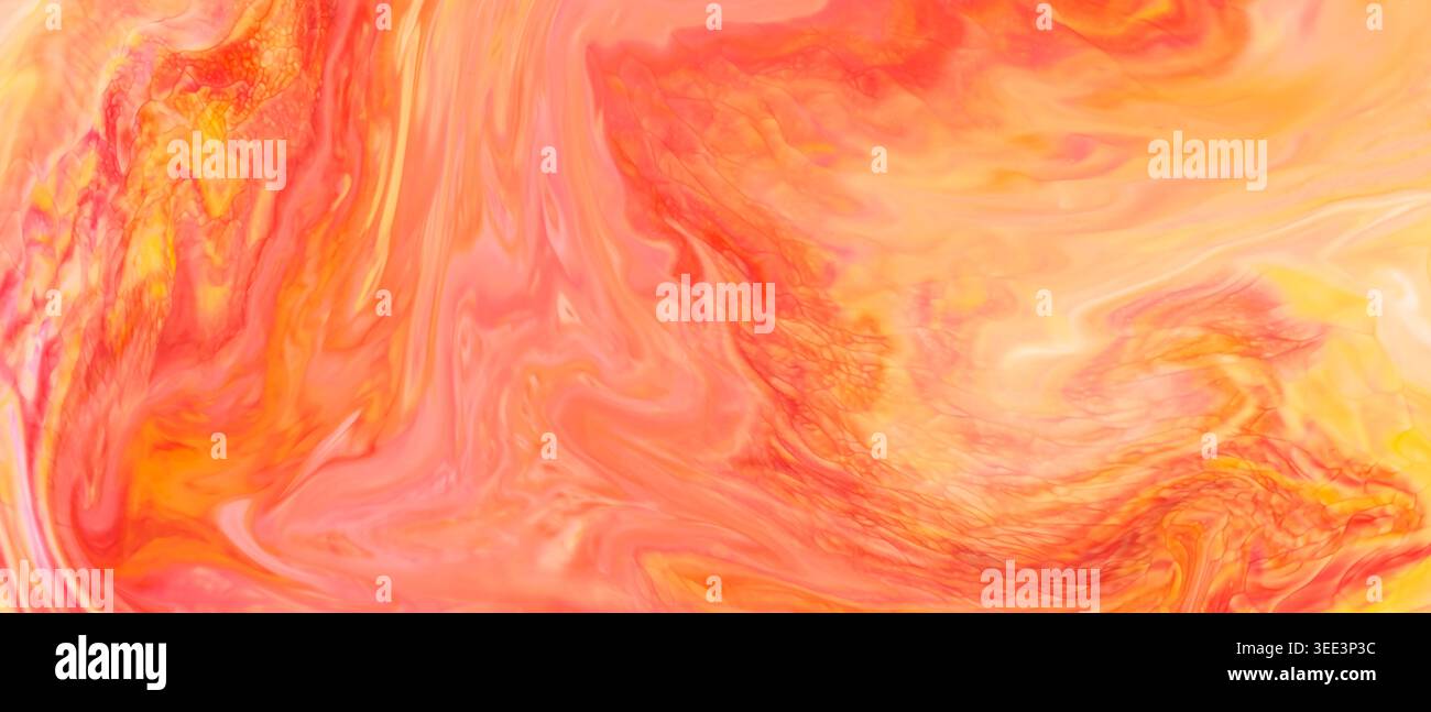 Abstrakte Marmorfarbe mit leuchtendem Hintergrund in Korallenorange gelb und rosa Wirbeln Stockfoto