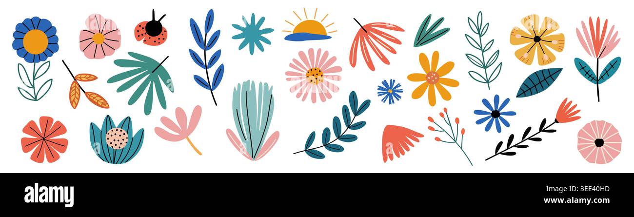 Farbenfrohe Blumensymbole mit weichem, skurrilem Stil Stock Vektor