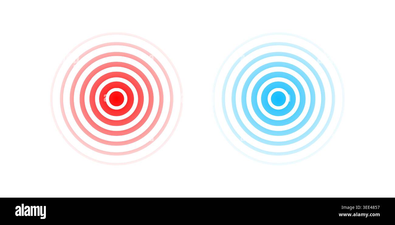 Schmerzsymbole und Schmerzlinderung. Ausladende rote und blaue Welle. Effektimpuls isoliert auf weißem Hintergrund. Signalschmerzen. Kurvenmuster eingestellt. Schwingungsleitung Stock Vektor