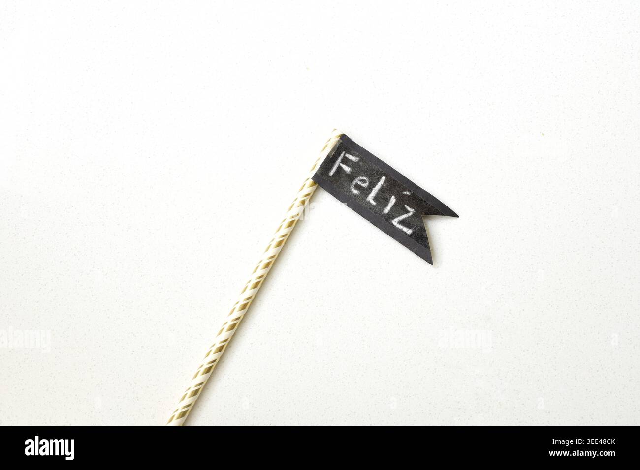 Schwarze Geburtstagsfahne mit dem Wort „Feliz“ in eleganter minimalistischer Komposition. Perfekt für Konzepte im Zusammenhang mit Geburtstagsfeiern Stockfoto