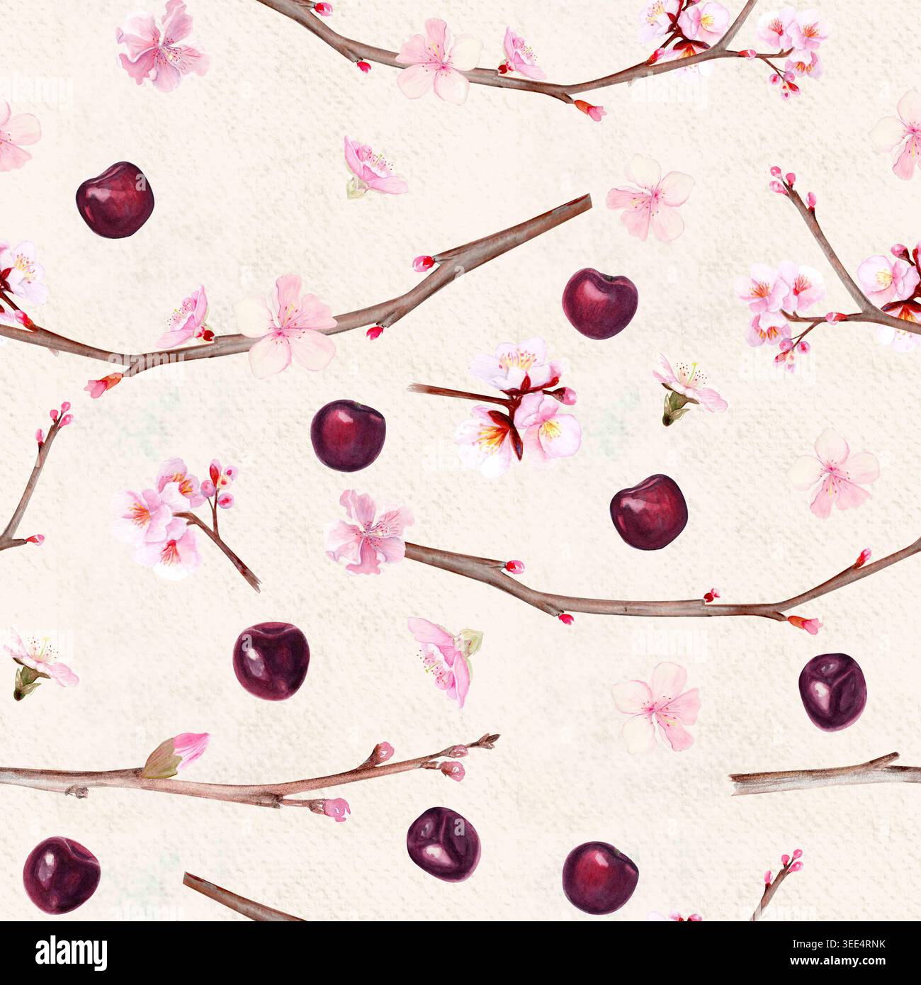 Nahtloses Muster mit kleinen Kirschzweigen, Blütenblüten, einzelnen Blütenblättern und Reifen Kirschen, handgemalte Aquarellillustration auf Beige Stockfoto