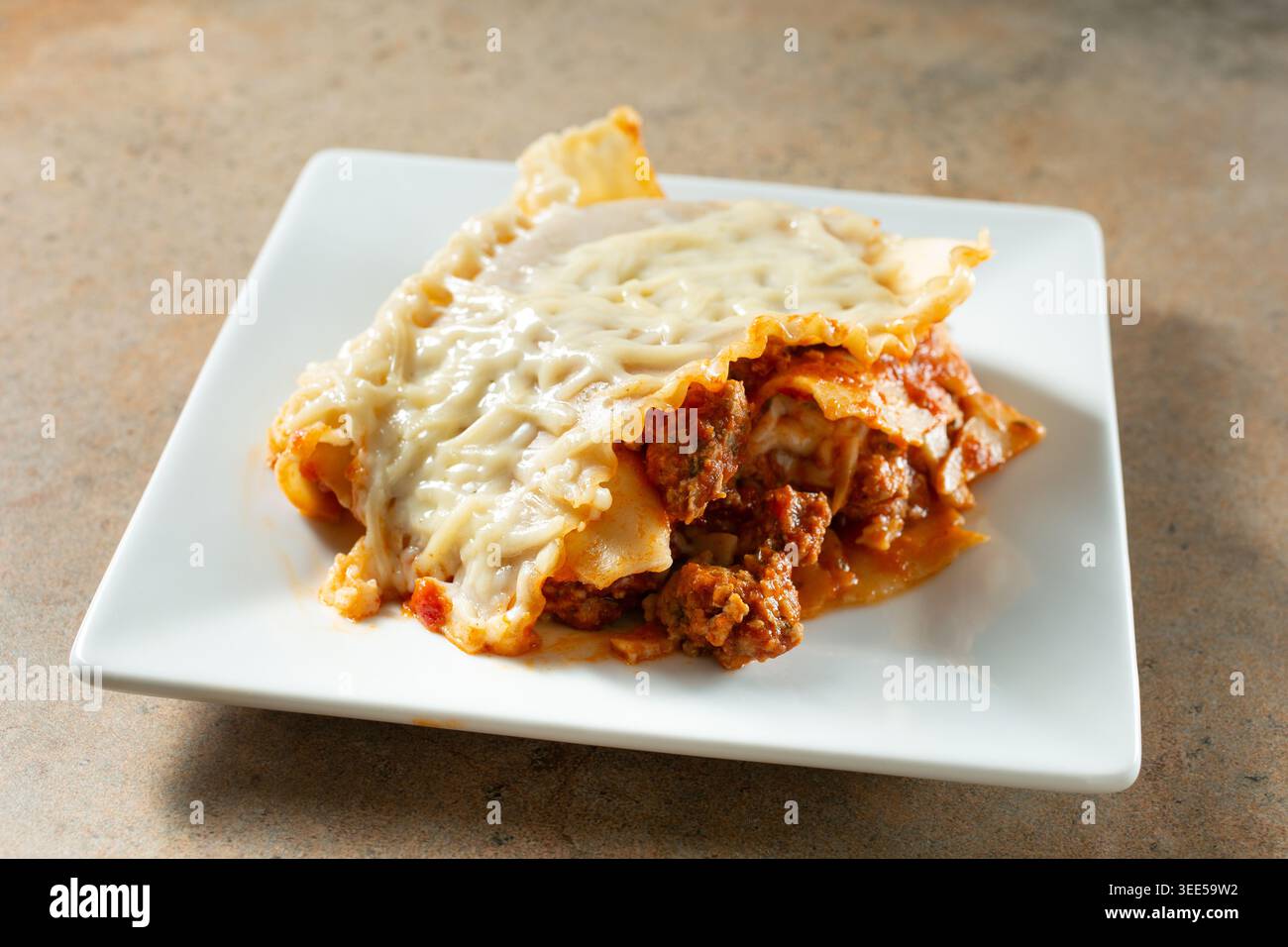 Blick auf ein Stück glutenfreier, milchfreier Lasagne. Stockfoto