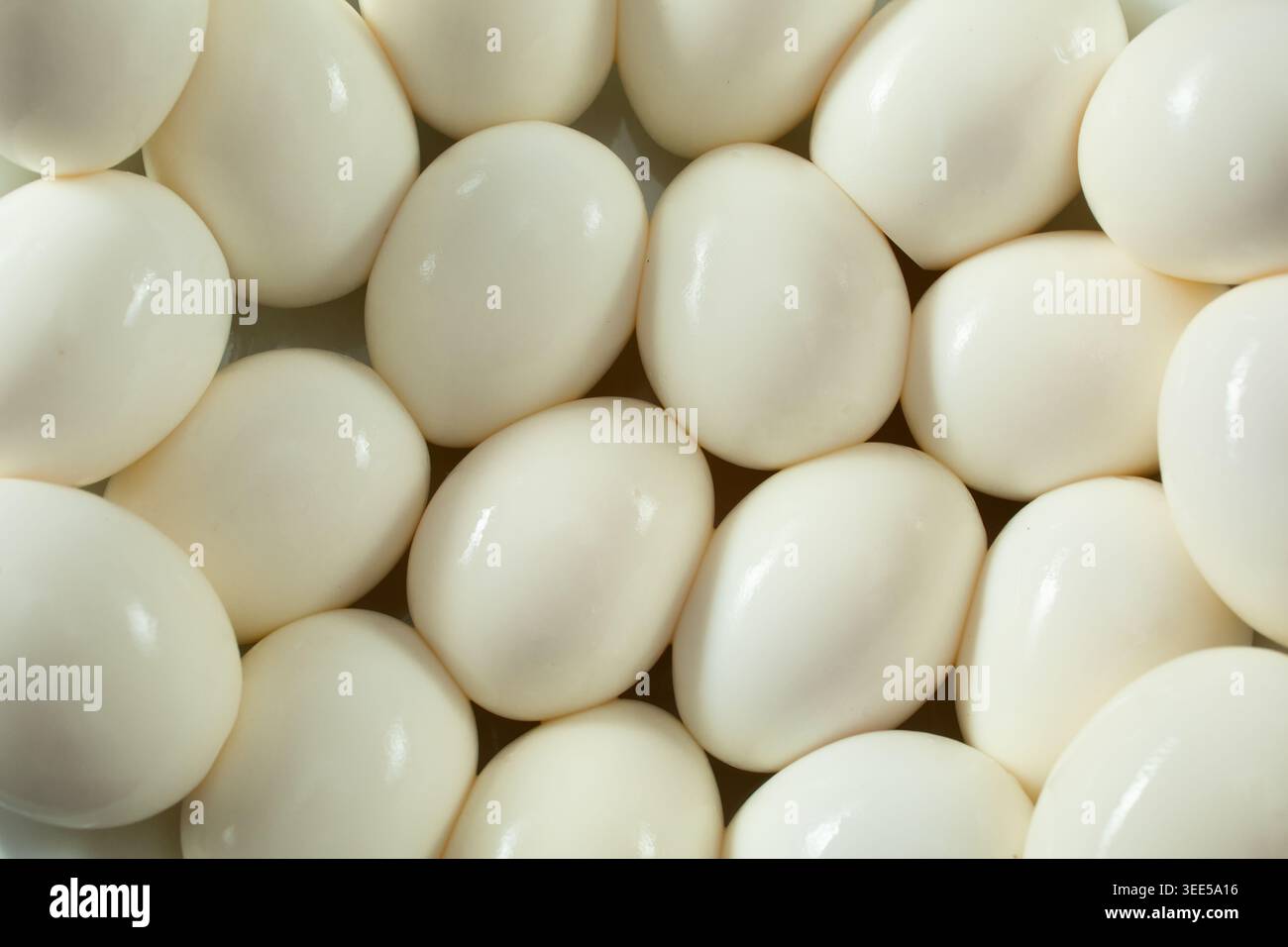 Ein Blick von oben nach unten auf eine Schicht geschälter hart gekochter Eier als Hintergrund. Stockfoto