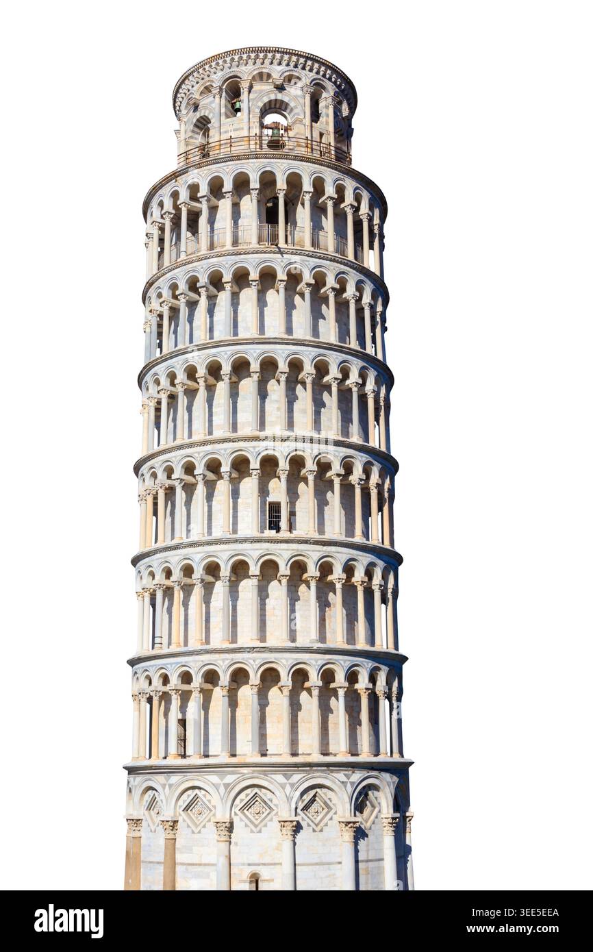 Schiefer Turm von Pisa isoliert auf weißem Hintergrund Stockfoto