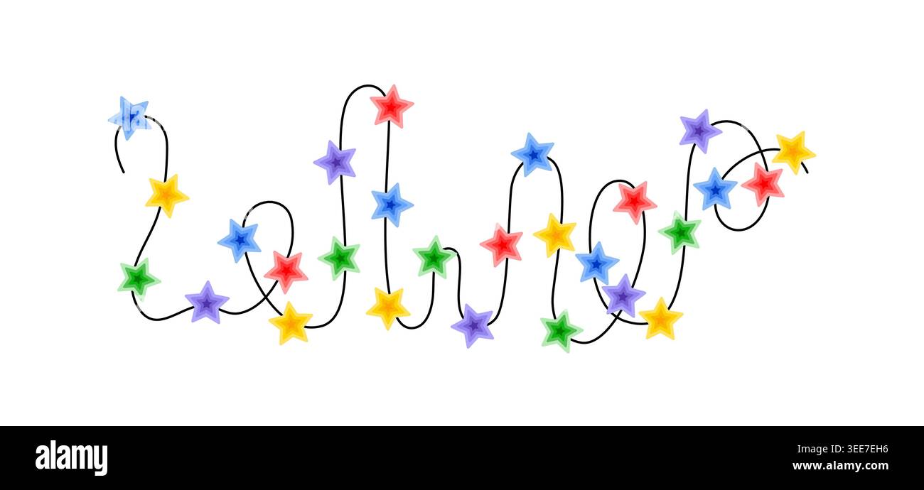 Weihnachten bunte mehrfarbige Lichter lockige String Girlande, Kritzelei Hand gezeichnete Vektor-Illustration, flache Zeichentrickfilm saisonales Bild für Winter Neujahr Feiertag, Geburtstag Veranstaltungen Design Stock Vektor