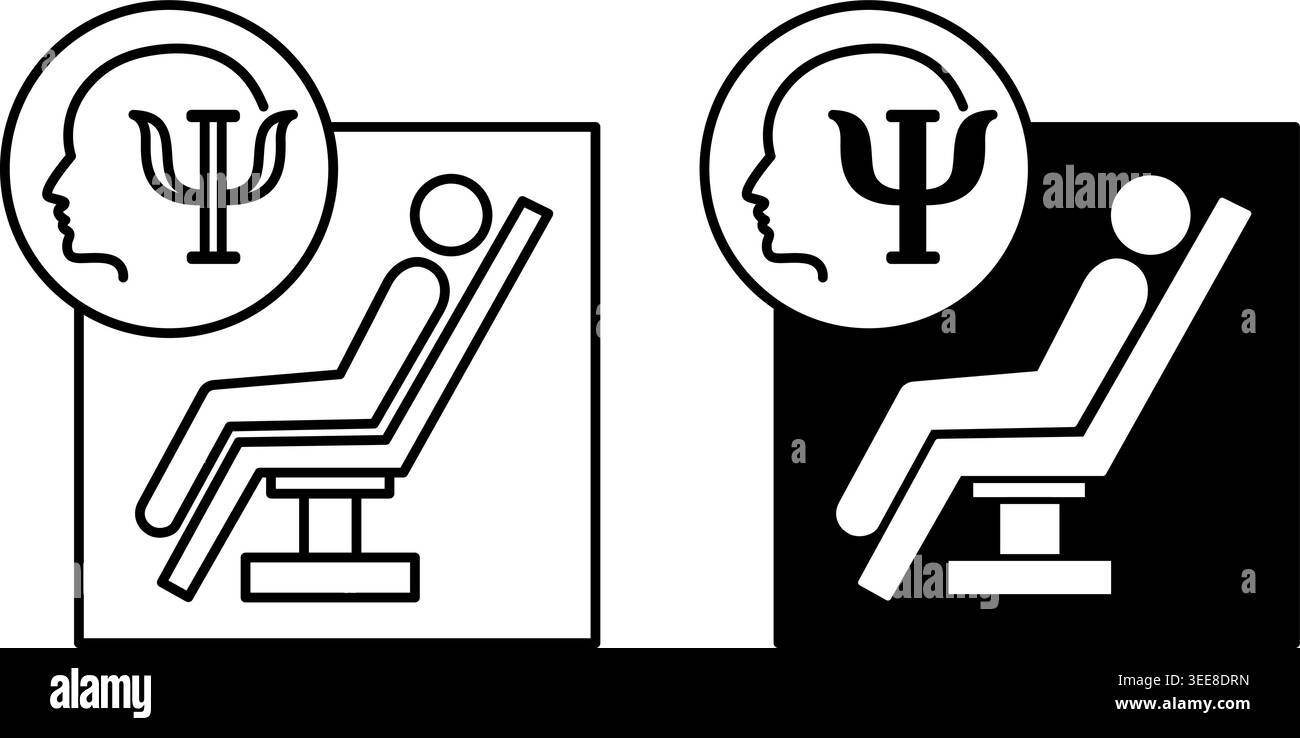 Icons Des Psychologen-Büros. Schwarzweiß-Vektor-Illustration. Psychologe Arbeitsbereich, Patient sitzt auf Sofa, psychische Gesundheit. Konzeptpsychologie Stock Vektor