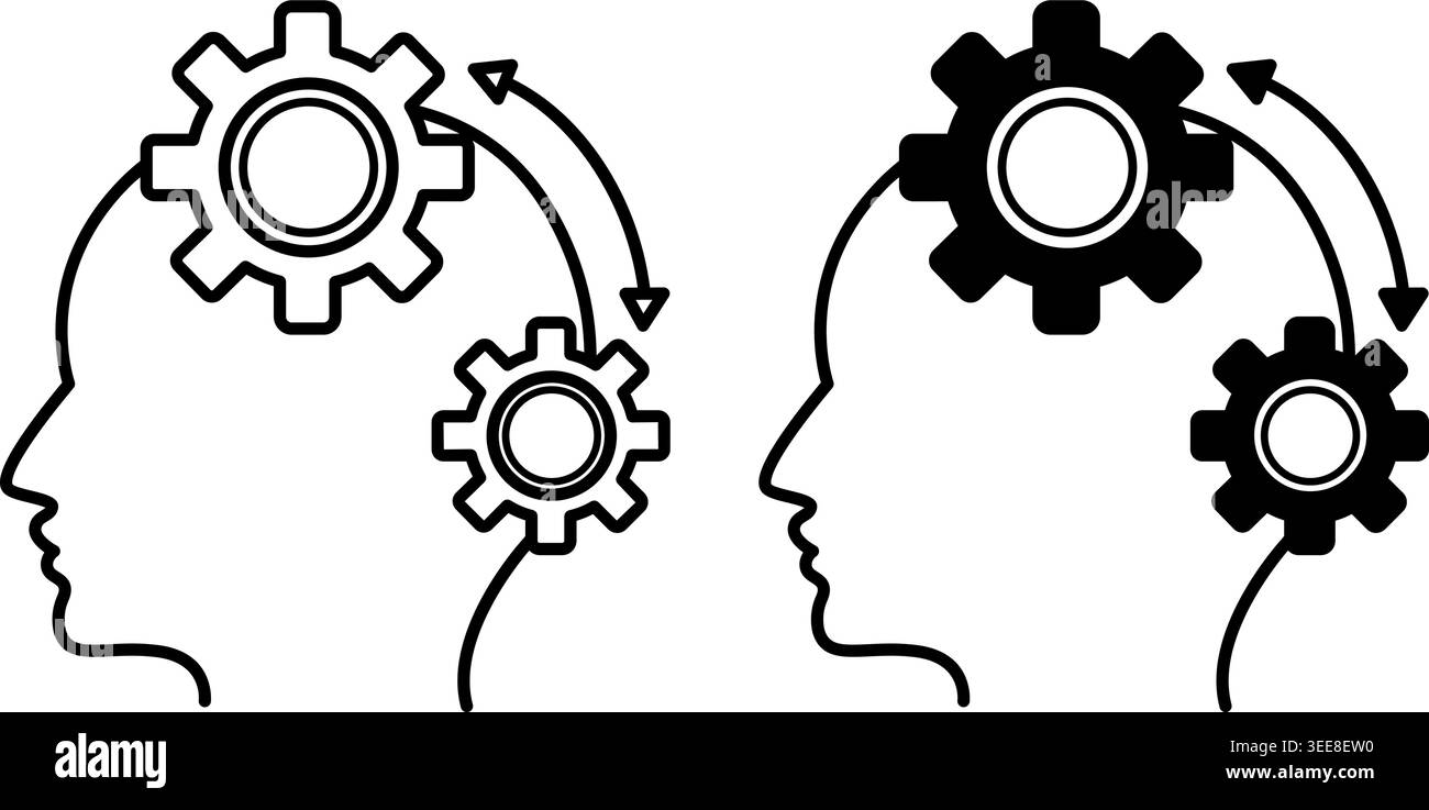 Algorithmussymbole. Schwarzweiß-Vektor-Illustrationen. Aktionssequenz löschen, die Ein vorbekanntes Ergebnis liefert. Menschlicher Kopf Und Zahnräder. Konzeptpsycholo Stock Vektor