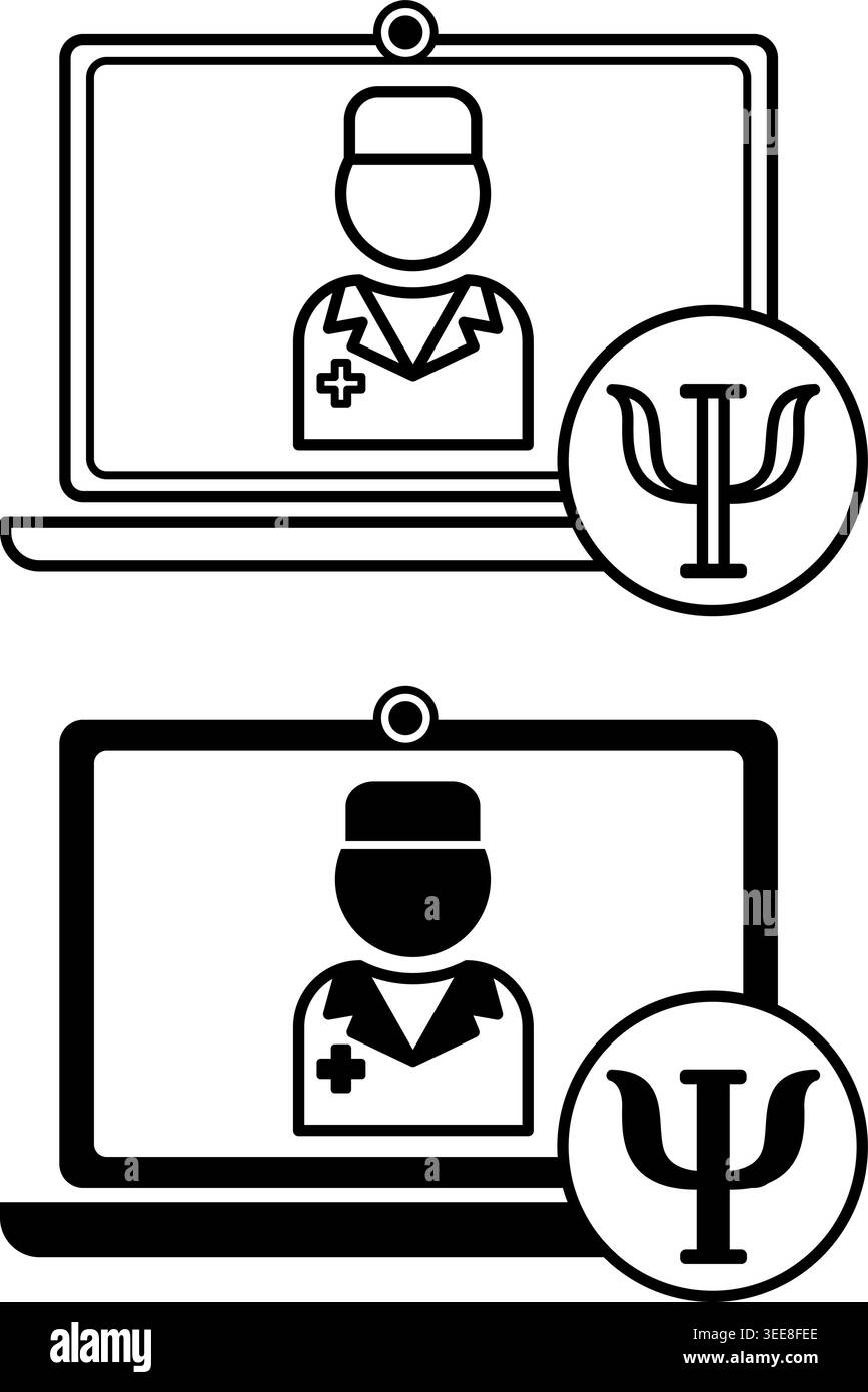 Online-Psychologen-Icons. Schwarzweiß-Vektor-Illustrationen. Psychologin Consulting Patient Online. Arzt, Laptop, Psychische Gesundheit. Psychologie Con Stock Vektor