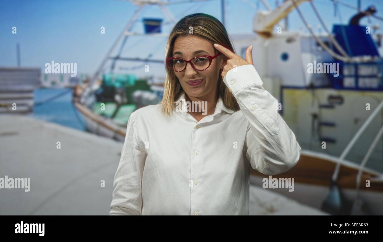 Die Frau zeigt mit dem Finger auf den Tempel am Straßenpier mit vertäuten Booten und Dock, trägt rote Brille und weißes Hemd; durchdachte Idee. Stockfoto