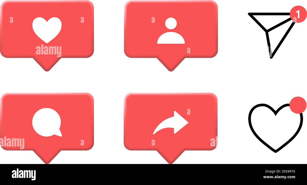 Popup-Symbolsatz für Benachrichtigungen in sozialen Medien wie, Kommentar, Follower-Anfrage und Freigabe. Vektorabbildung Stock Vektor