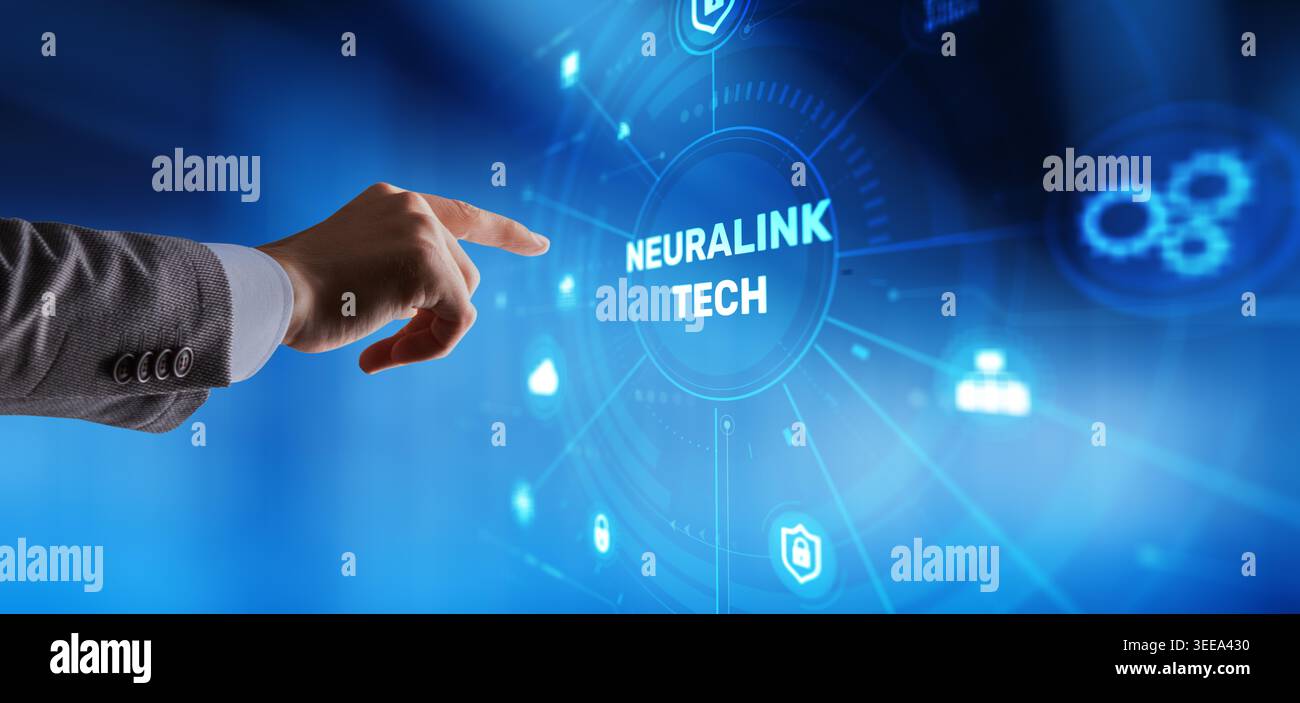 Neuralink-Technologie mit Gehirn-Computer-Schnittstelle und neuronalen Netzwerkanschlüssen. Stockfoto