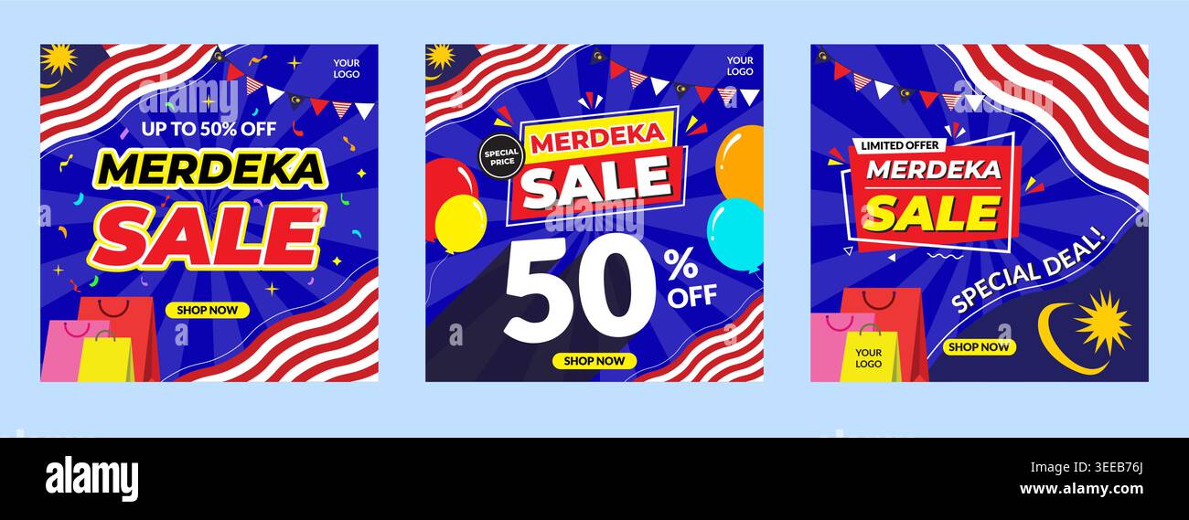Malaysia Unabhängigkeitstag Merdeka Verkauf Social Media Banner Set. Blaue Vorlage mit Nationalflagge Jalur Gemilang, Ballons und Einkaufstaschen. Stock Vektor
