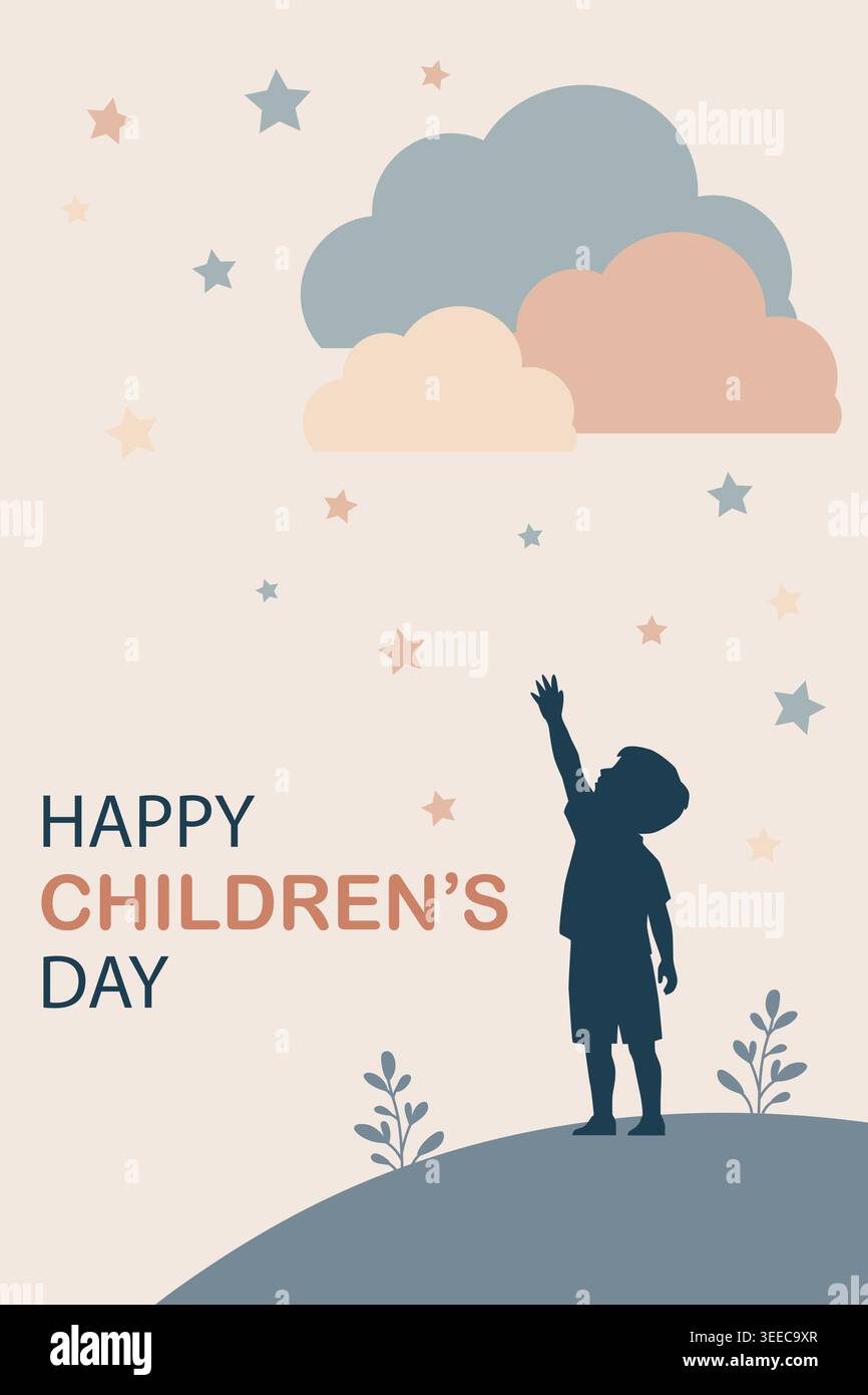 Happy Children's Day Minimal Poster mit Kindersilhouette unter Wolken und Sternen Stock Vektor