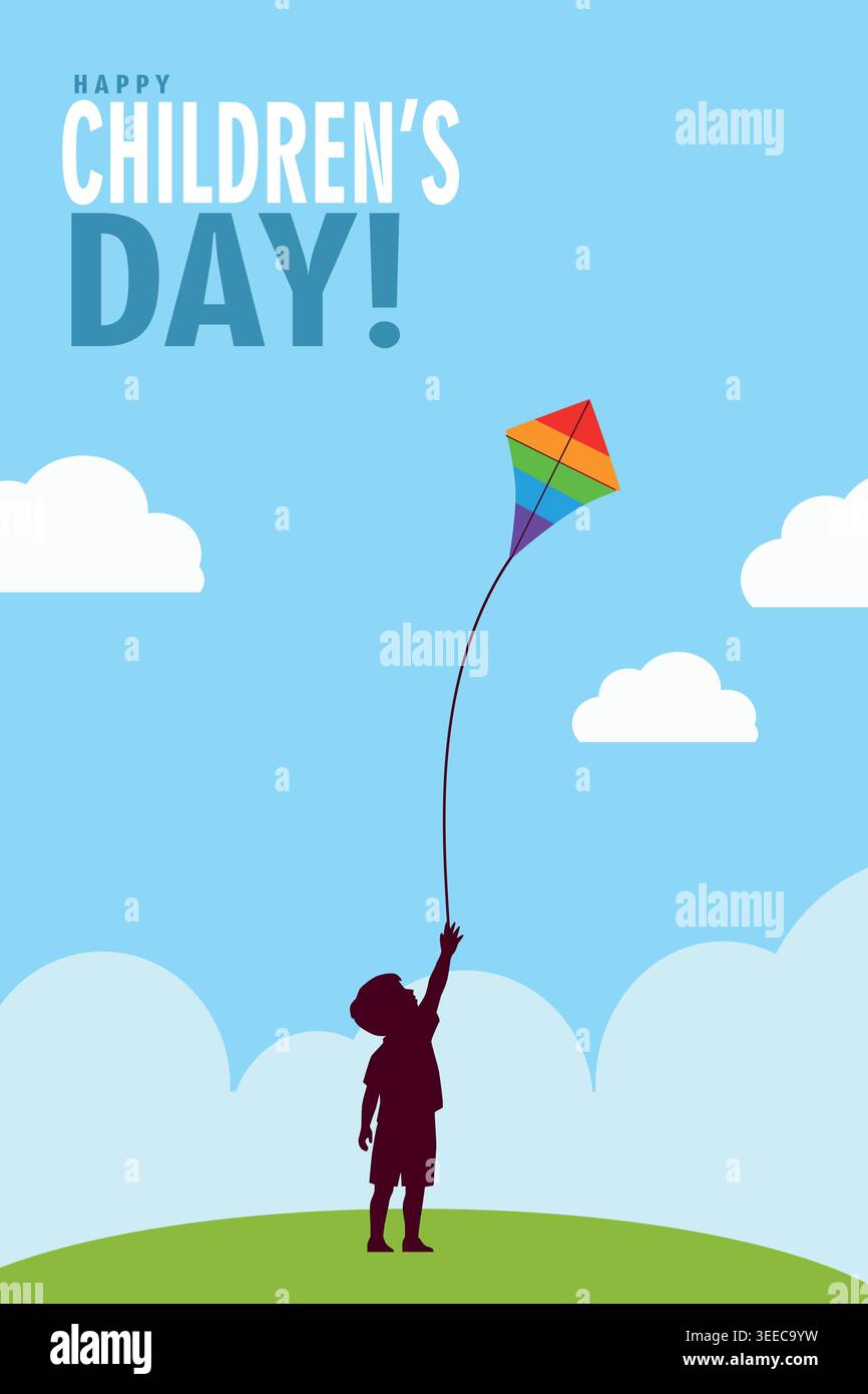 Happy Children's Day Poster mit fliegendem Kinderdrachen in blauer Himmelslandschaft Stock Vektor