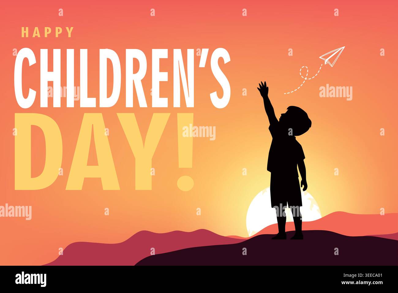 Poster zum glücklichen Kindertag bei Sonnenuntergang mit Kindersilhouette und warmer Abendlandschaft Stock Vektor
