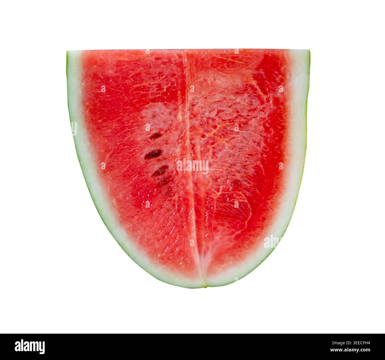 Blick von oben auf reife rote Wassermelonenfrüchte in einem Viertel ist isoliert auf weißem Hintergrund mit Schnittpfad. Stockfoto