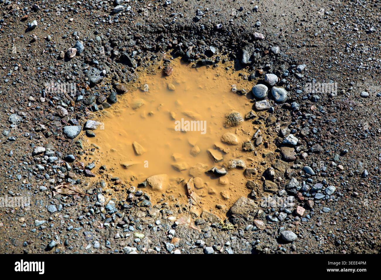 Eine Nahaufnahme eines schlammigen Schlaglochs auf einer unbefestigten Straße, das Schlagloch hat Kies darin. Heller, sonniger Tag. Stockfoto