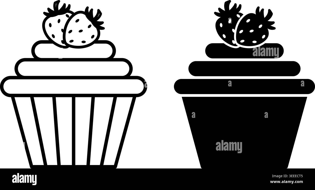 Cupcake-Symbole. Schwarzweiß-Vektor-Illustrationen. Essbare Süße Kekse Dekoriert Mit Erdbeeren. Leckeres Essen. Fast Food Concep Stock Vektor