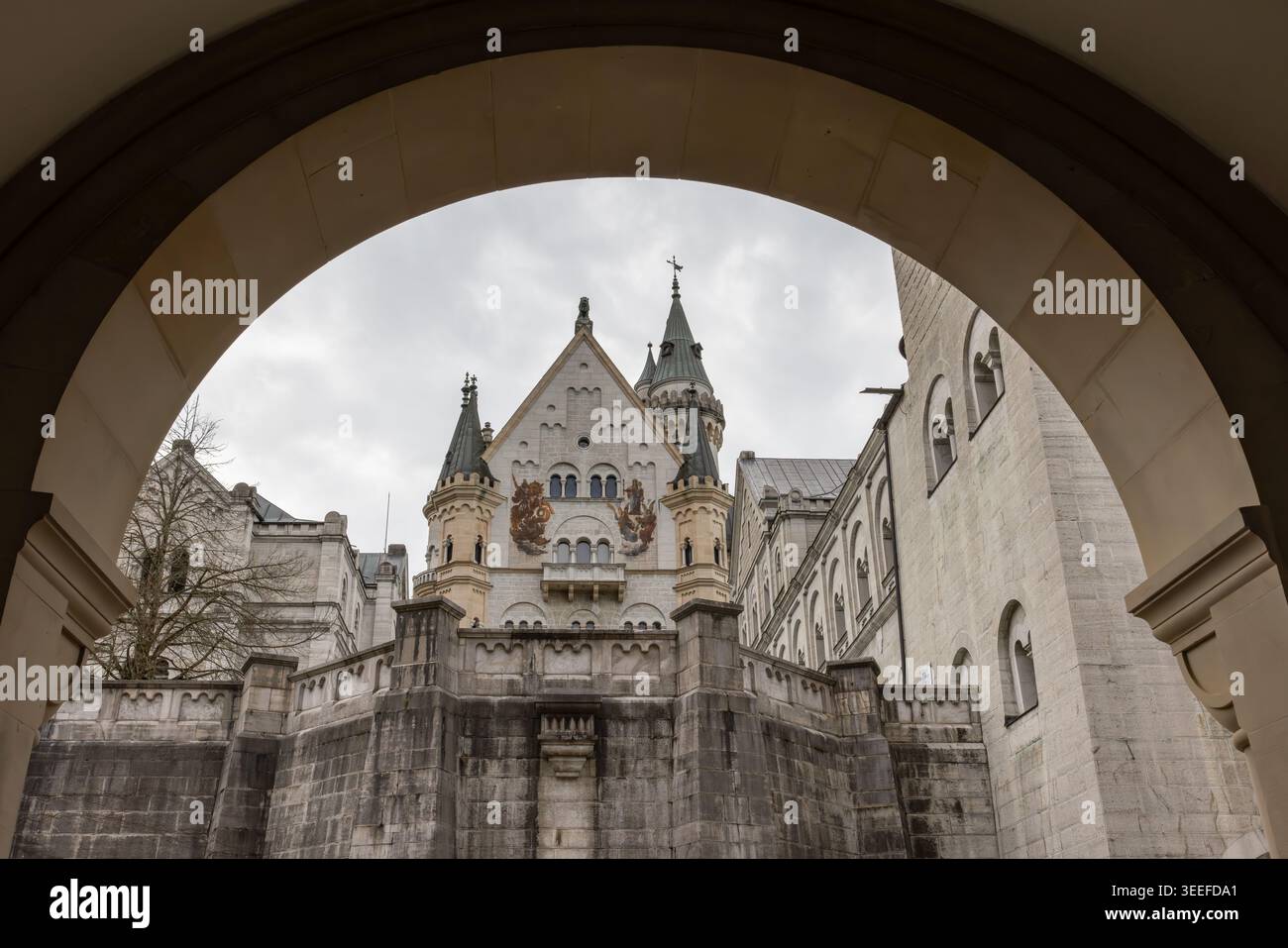 Blick vom Innenhof des Schlosses Neuschwanstein, Bayern, Deutschland Stockfoto