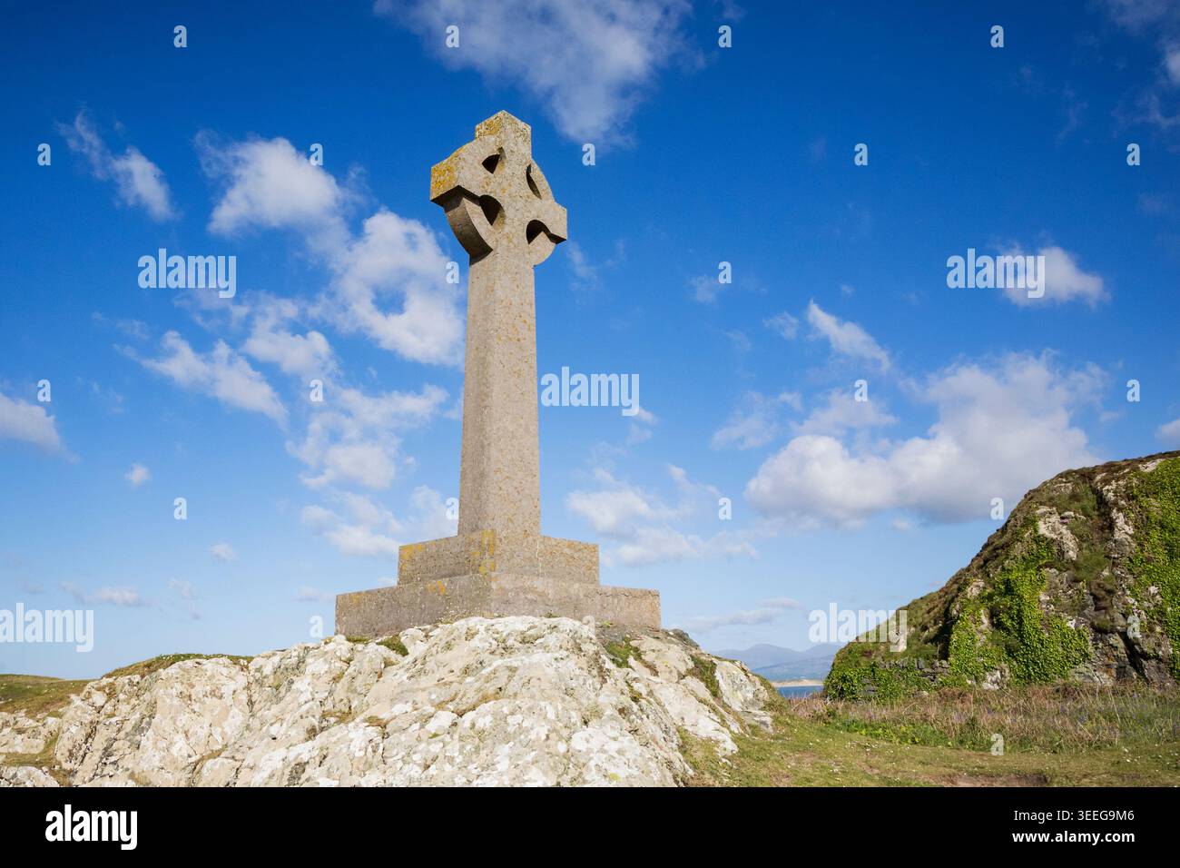 St David's Cross, ein historisches mittelalterliches keltisches Kreuz in Newborough. Stockfoto