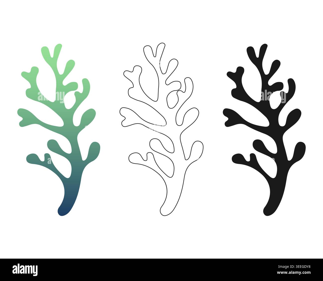 Korallenzweige und Algen-Silhouetten mit schwarzem Symbol, Strichgrafik und grün-blauem Farbverlauf für Wasserbrände, Tapetenmuster und maritimes Dekor. Stock Vektor