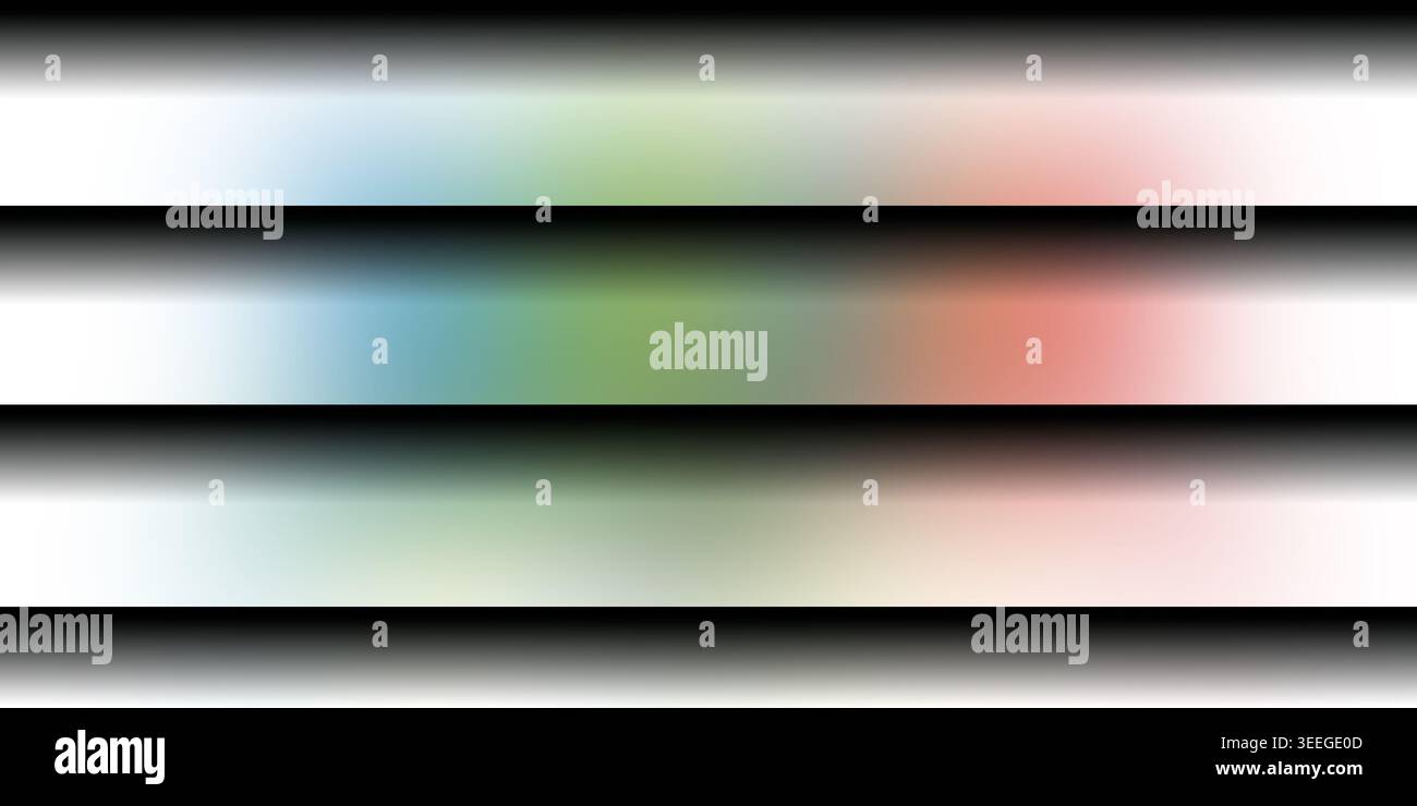 Ein lebendiger abstrakter Hintergrund mit horizontalen weißen Bändern mit weichen, diffusen regenbogenfarbenen Verläufen und dunklen Schattenlücken. Stockfoto