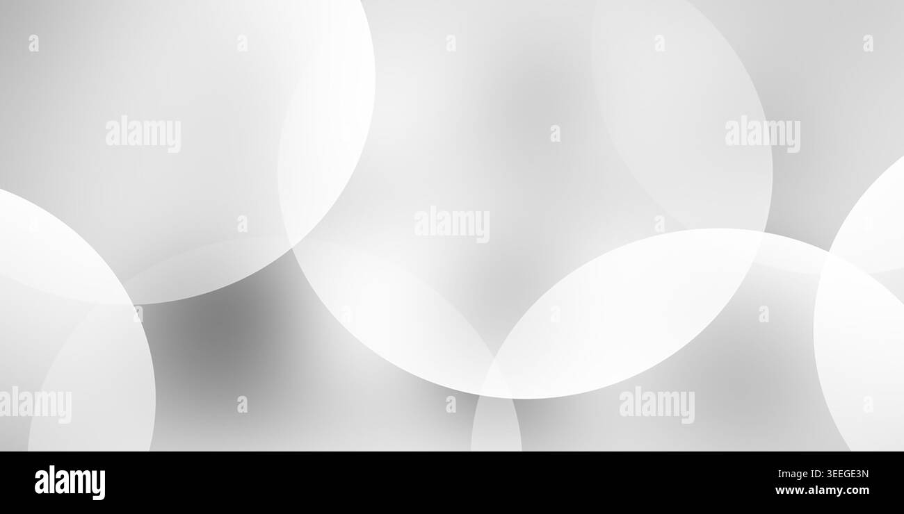 Ein abstrakter Hintergrund mit einer Reihe überlappender weißer Kreise mit weichen Verläufen, die eine klare, moderne und minimalistische Ästhetik schaffen. Stockfoto