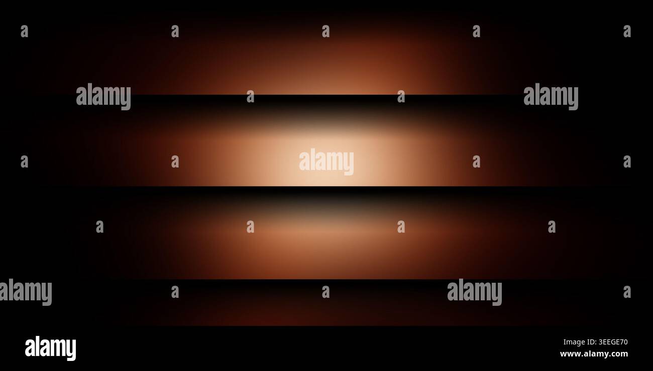 Ein dunkler abstrakter Hintergrund mit drei horizontalen metallischen kupferfarbenen Paneelen mit einem weichen, zentralen Leuchten und dezenten Schlagschatten. Stockfoto