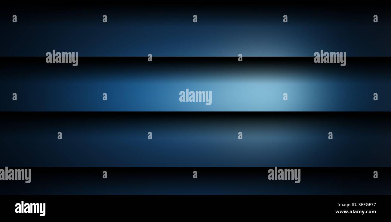 Ein dunkler abstrakter Hintergrund mit drei horizontalen metallischen blauen Panels mit einem weichen mittleren Leuchten und dezenten Schlagschatten. Stockfoto