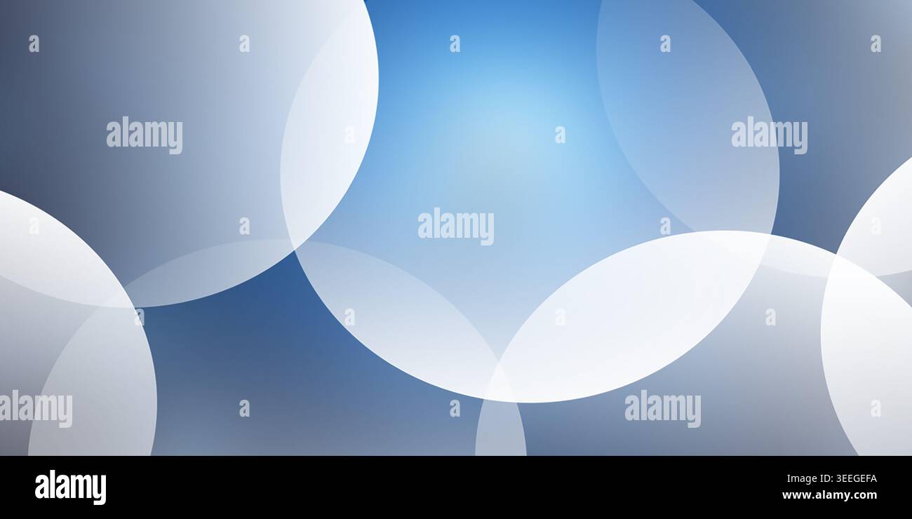 Ein lebendiger abstrakter Hintergrund mit überlappenden weißen Kreisen, der einen mehrschichtigen Effekt vor einem weichen blau-grauen Hintergrund erzeugt. Stockfoto
