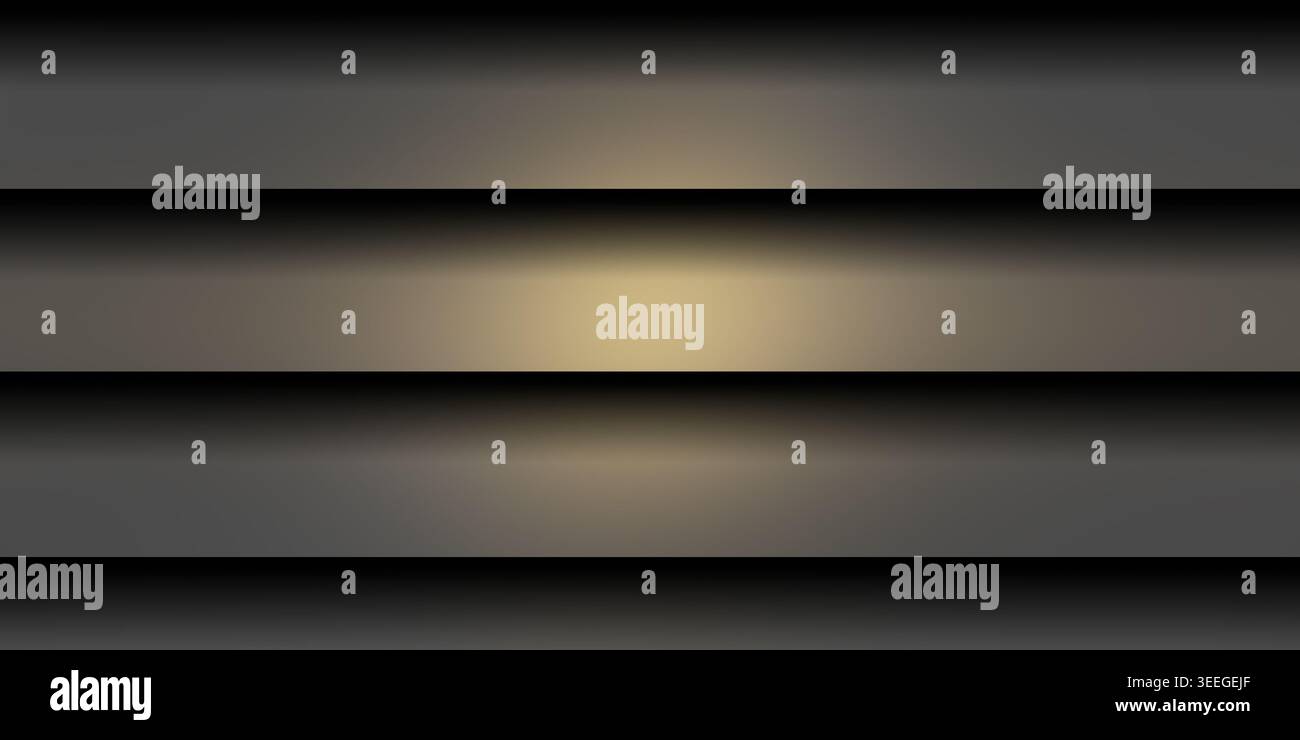 Ein raffinierter abstrakter Hintergrund mit horizontalen, dunklen Metallic-Leisten und einem warmen, zentralen Schein, der einen hohen Kontrast und einen eleganten visuellen Effekt erzeugt. Stockfoto