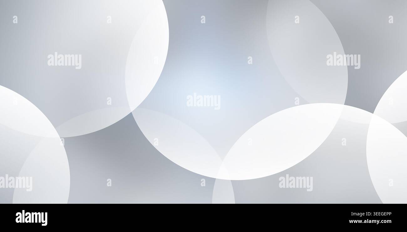Ein moderner abstrakter Hintergrund mit sich überlappenden, durchscheinenden weißen Kreisen auf einem glatten, weichen grauen Hintergrund, der eine klare, minimalistische Atmosphäre schafft Stockfoto