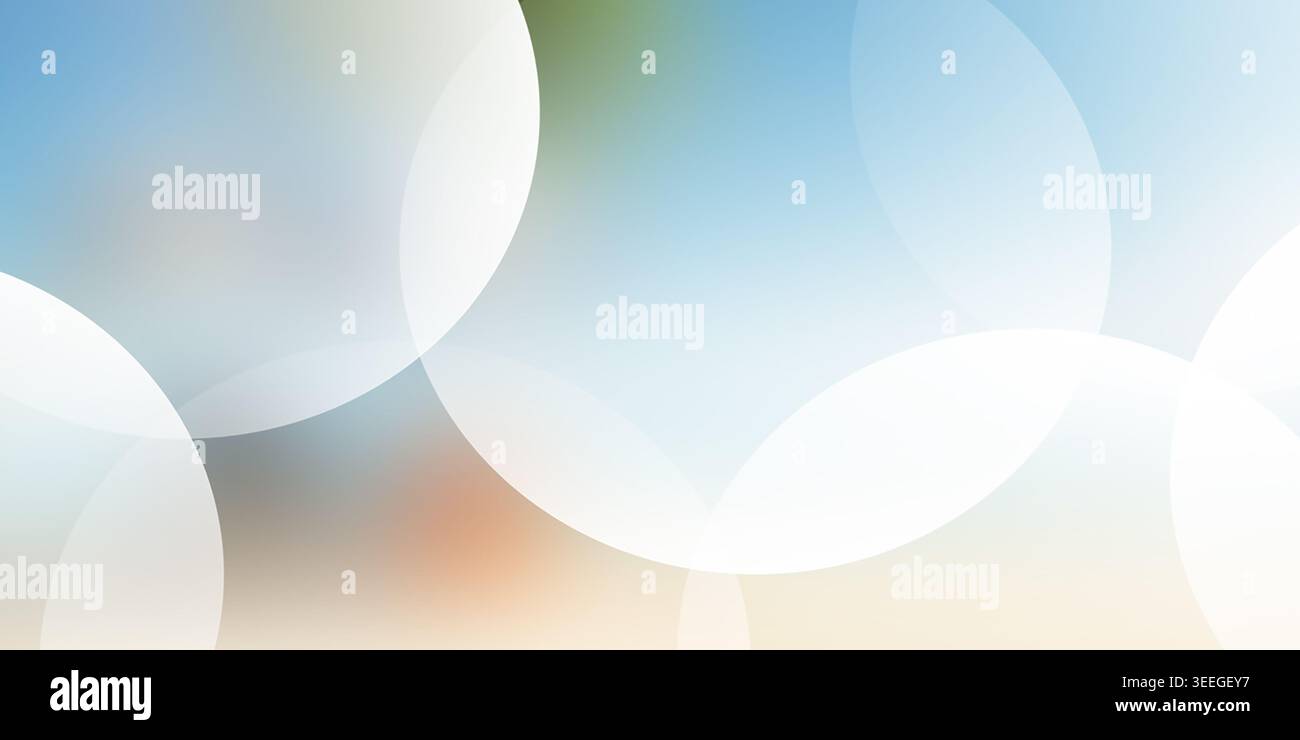 Abstrakter Hintergrund mit einem Muster aus sich überlappenden, durchscheinenden weißen Kreisen vor einem weichen, mehrfarbigen Hintergrund. Stockfoto