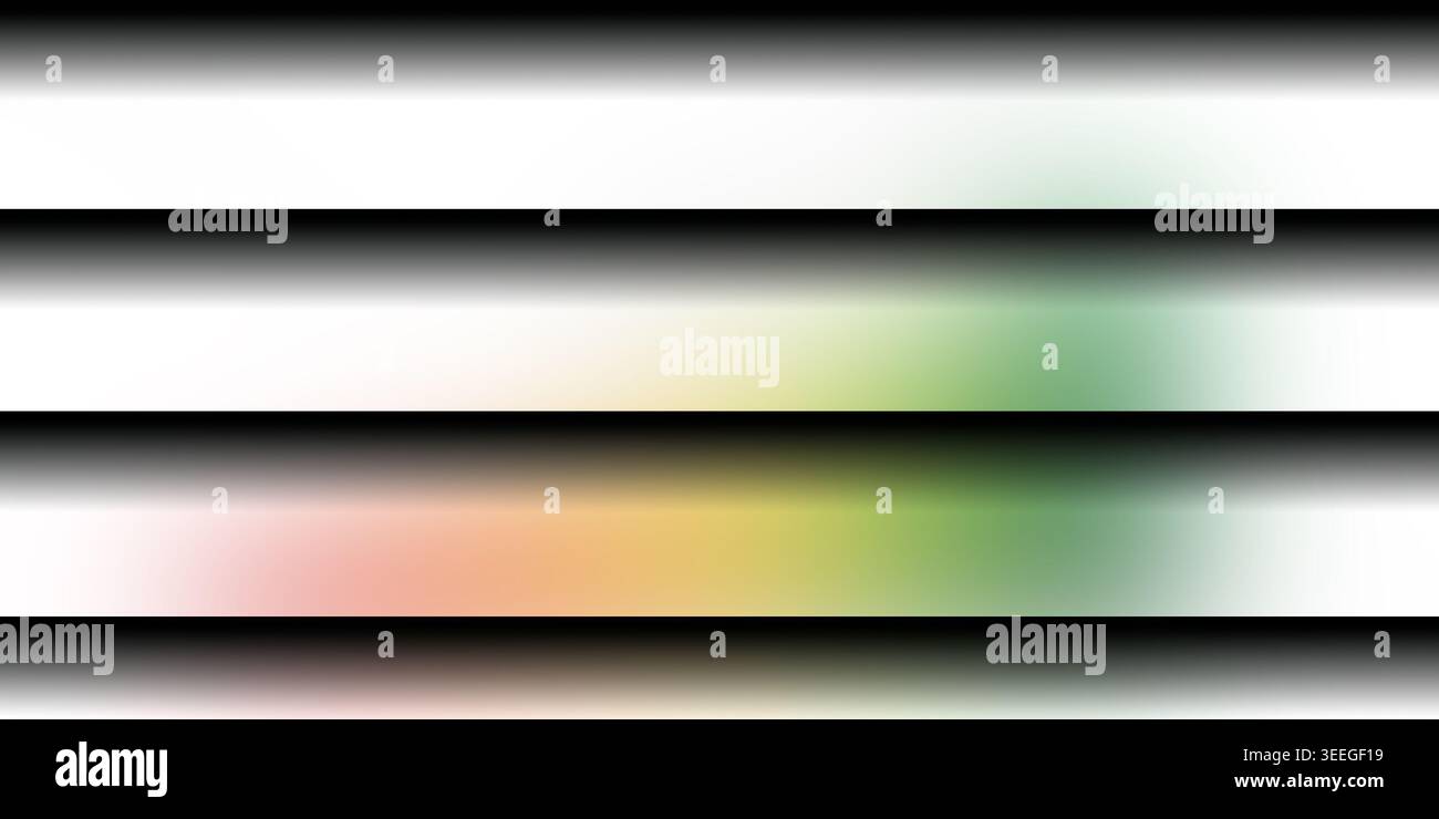 Ein Satz von drei abstrakten Hintergründen mit horizontalen Balken mit einem weichen Regenbogenfarbverlauf und Schlagschatten, die einen modernen Tiefeneffekt erzeugen. Stockfoto