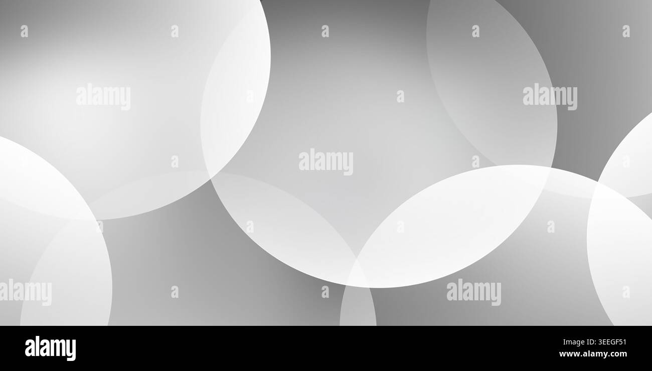 Ein minimalistischer abstrakter Hintergrund mit lichtdurchlässigen weißen Kreisen, die sich auf einem glatten, weichen grauen Hintergrund überlagern und ein modernes Design schaffen. Stockfoto