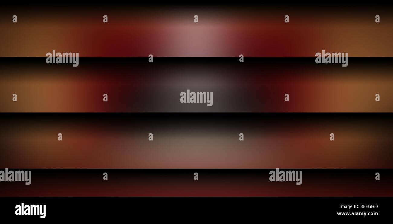 Ein Set aus drei horizontalen Bändern mit tiefroten und braunen Farbverläufen mit sanften Schatten, die ein stimmungsvolles abstraktes mehrschichtiges Design schaffen. Stockfoto