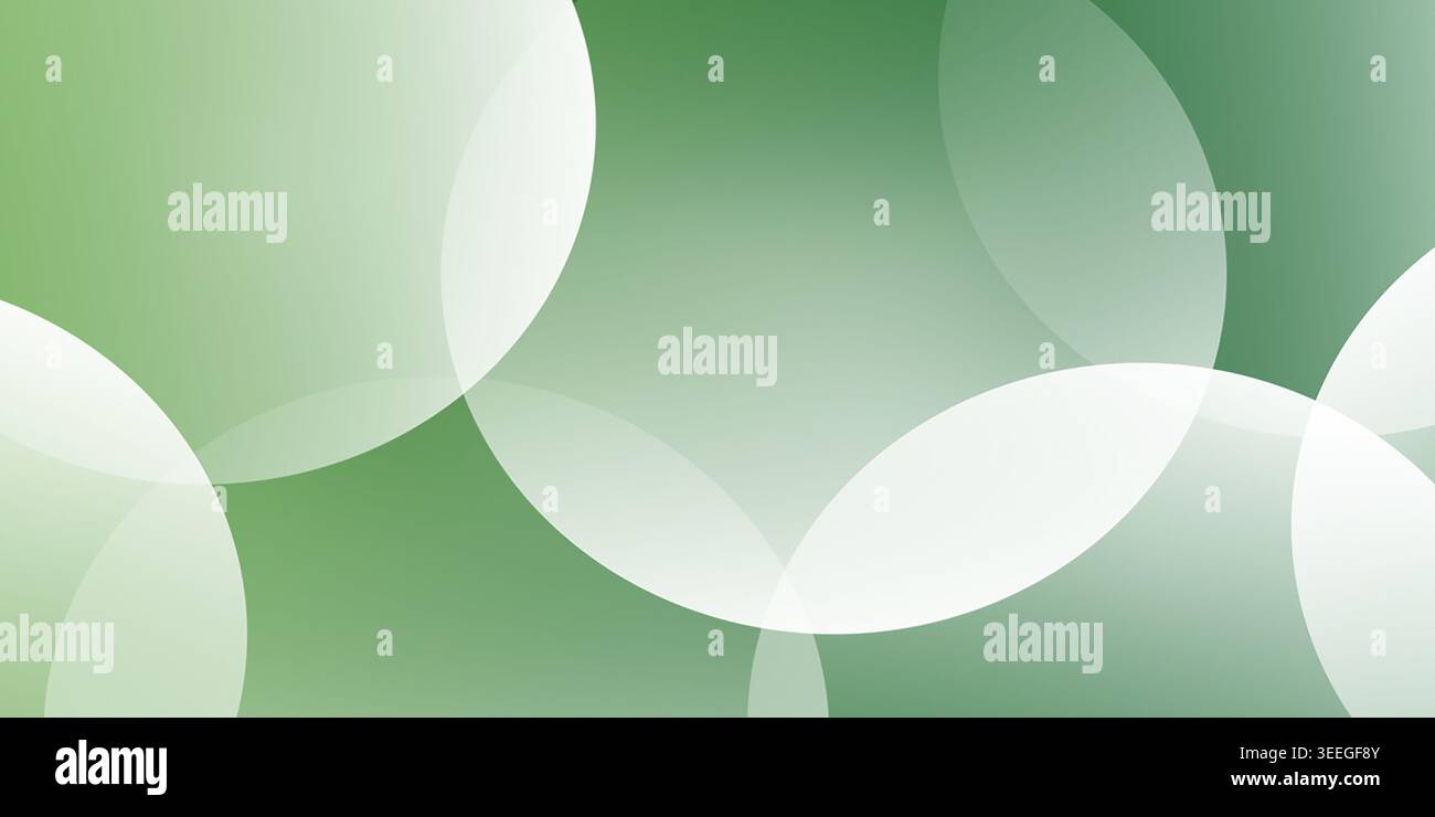 Abstrakter Hintergrund mit überlappenden, durchscheinenden weißen Kreisen auf einem glatten, weichen grünen Hintergrund, der ein modernes, klares Design schafft. Stockfoto
