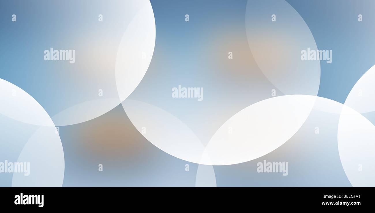 Ein abstrakter Hintergrund mit überlappenden, durchscheinenden weißen Kreisen auf einem glatten blauen Verlauf mit warmen goldenen Lichtakzenten. Stockfoto